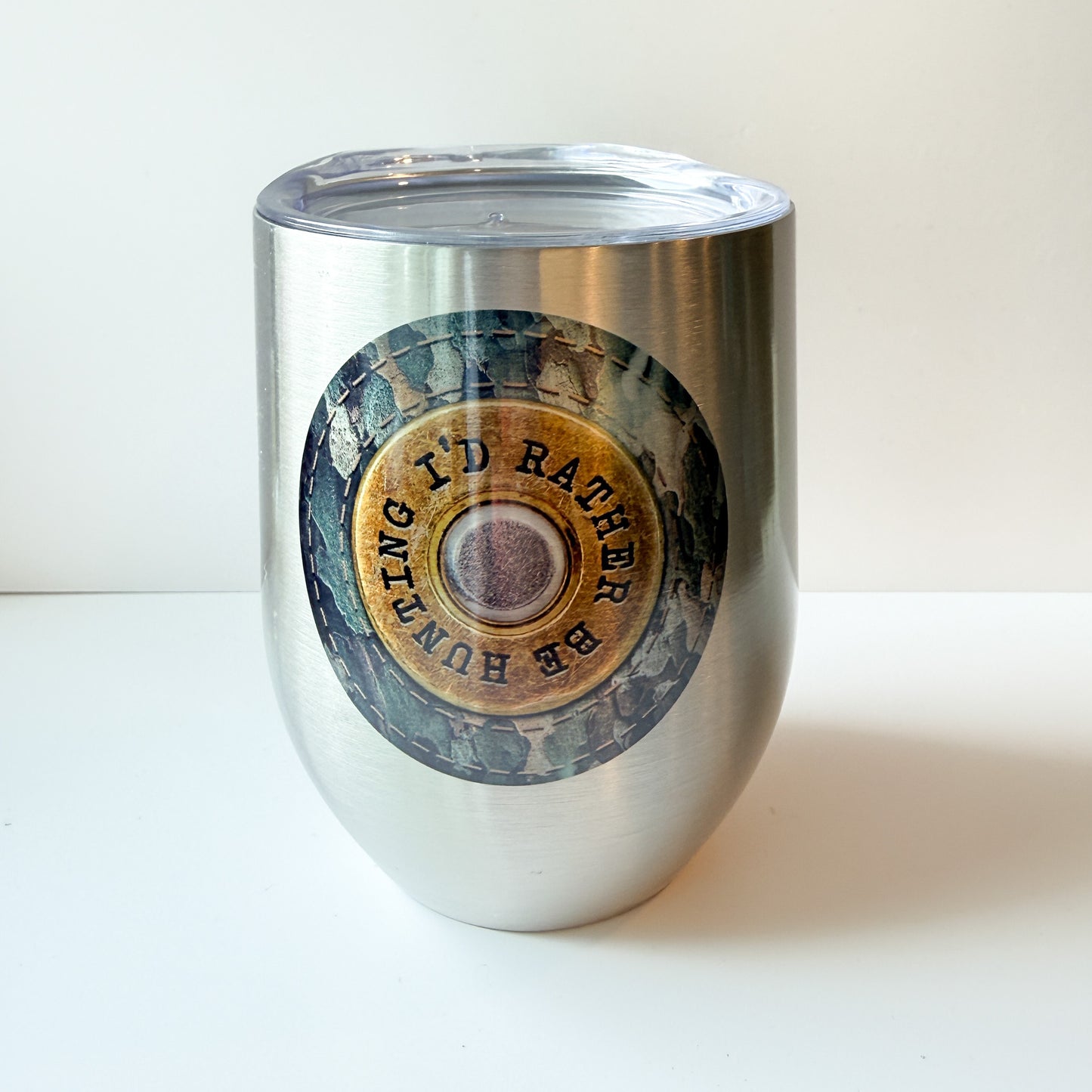 I'd Rather Be Hunting 12oz Wine Tumbler with Lid – Camo Shell Design