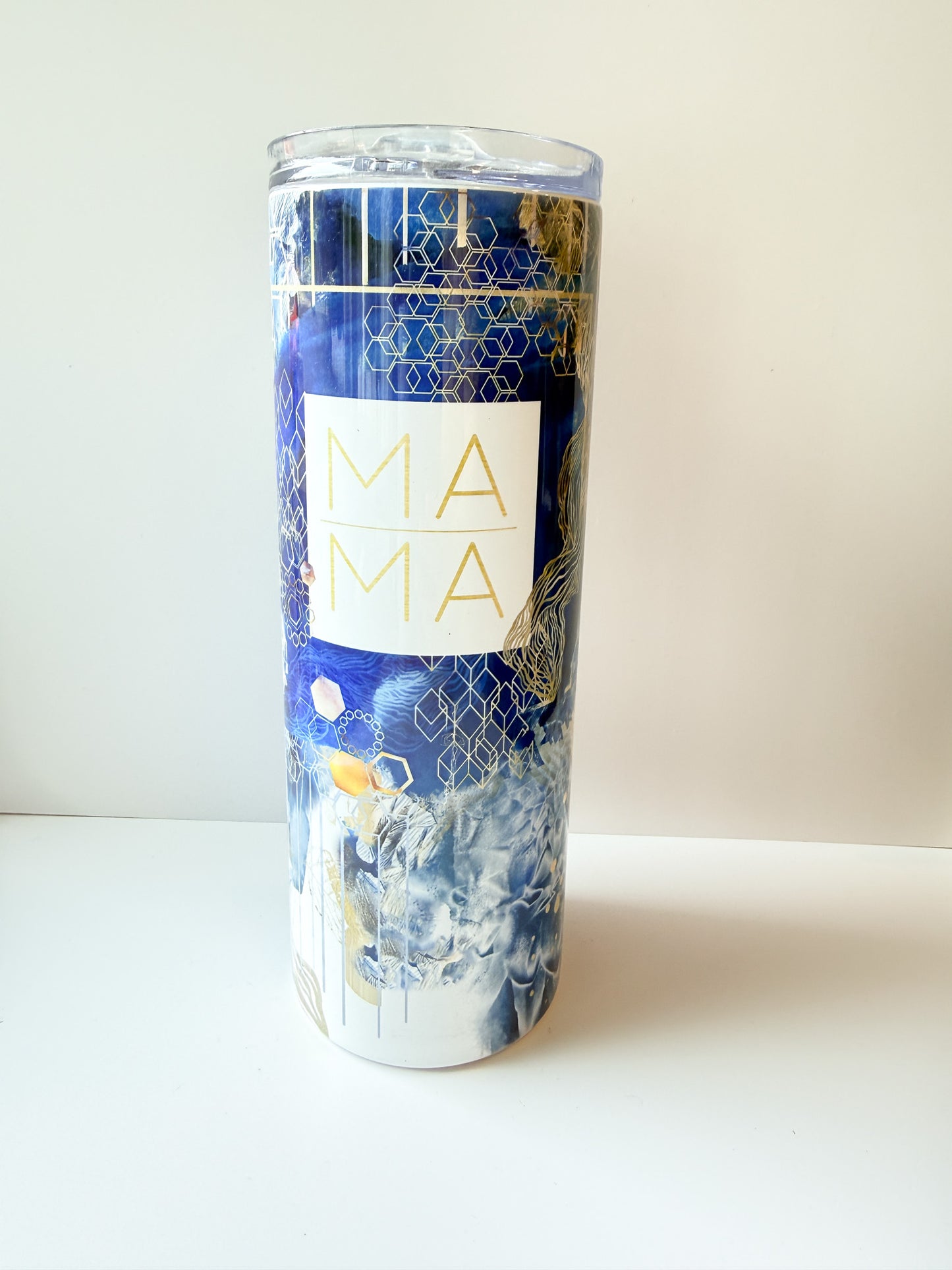 Mama 20oz Skinny Tumbler with Straw – Blue and Gold Geometric