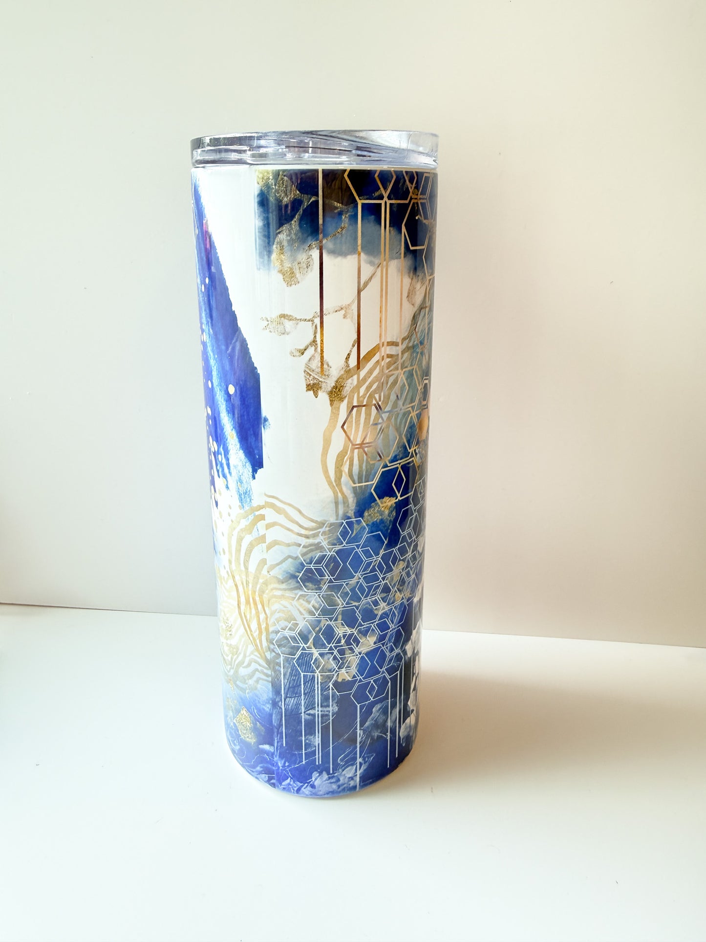 Mama 20oz Skinny Tumbler with Straw – Blue and Gold Geometric