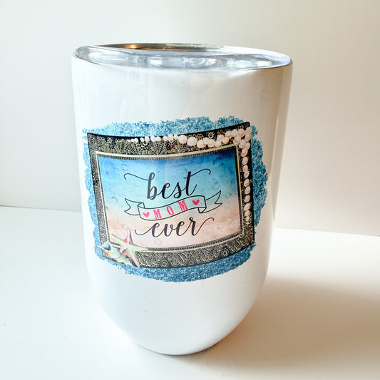 Best Mom Ever 12oz Wine Tumbler with Lid – Watercolor Beach and Starfish