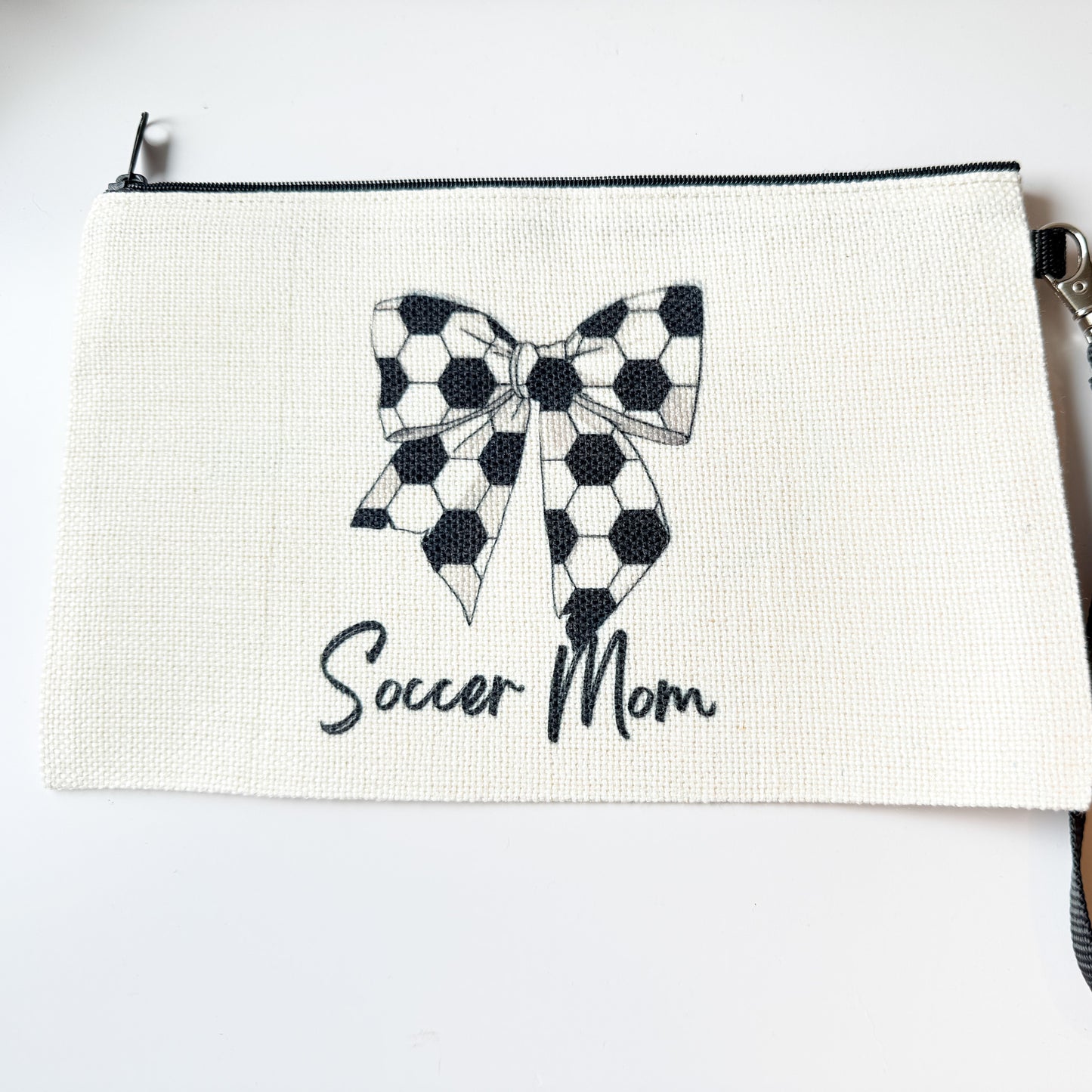 Soccer Mom Linen Zipper Pouch Wristlet – Soccer Ball Bow