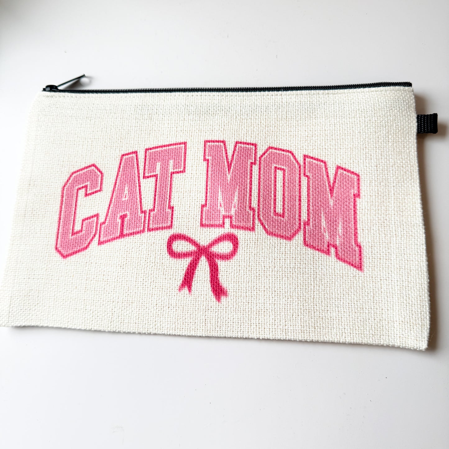 Cat Mom Linen Zipper Pouch Wristlet – Pink Varsity Letters and Bow