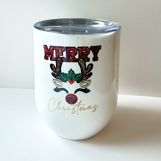 Merry Christmas Reindeer 12oz Wine Tumbler with Lid – Plaid and Leopard