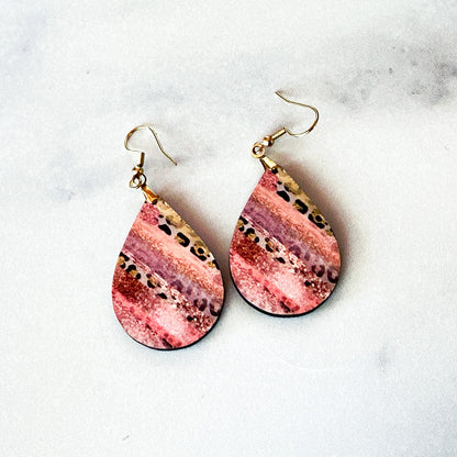 Pink Leopard Teardrop Earrings – Faux Glitter Stripes Animal Print Earrings
