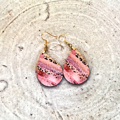 Pink Leopard Teardrop Earrings – Faux Glitter Stripes Animal Print Earrings