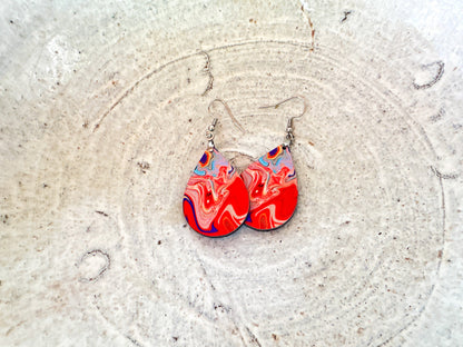 Red Swirl Teardrop Earrings – Bold Abstract Marble Print