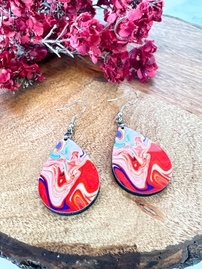 Red Swirl Teardrop Earrings – Bold Abstract Marble Print