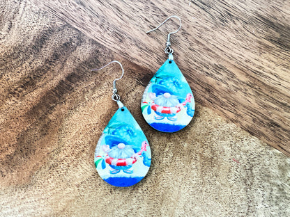 Beach Gnome Teardrop Earrings – Summer Pool Float Earrings, Funny Vacation Jewelry
