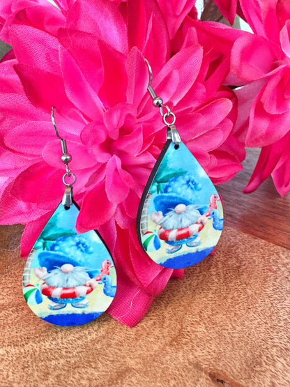 Beach Gnome Teardrop Earrings – Summer Pool Float Earrings, Funny Vacation Jewelry