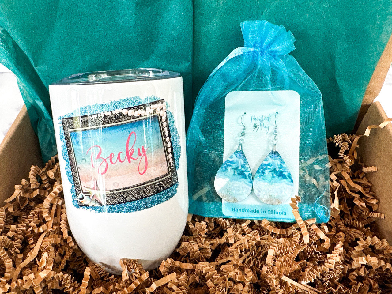 Personalized Beach Earrings Wine Tumbler & Wristlet Gift Set