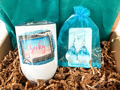 Personalized Beach Earrings Wine Tumbler & Wristlet Gift Set