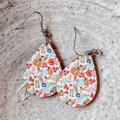 Fall Floral Boho Teal Pumpkin Dangle Earrings for Women