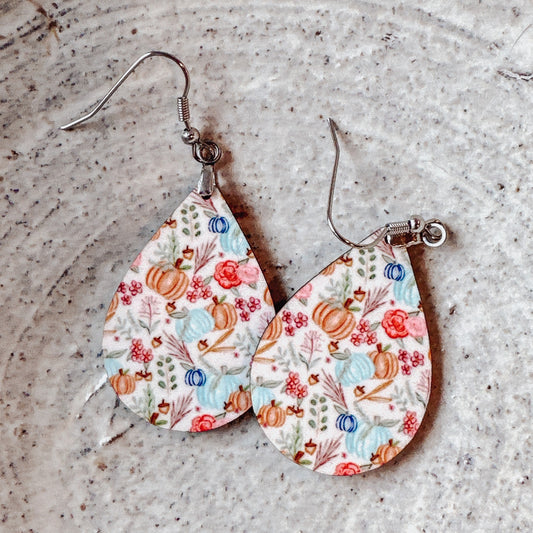Fall Floral Boho Teal Pumpkin Dangle Earrings for Women