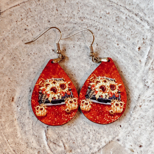Fall Sunflower Pickup Truck Dangle Earrings for Women