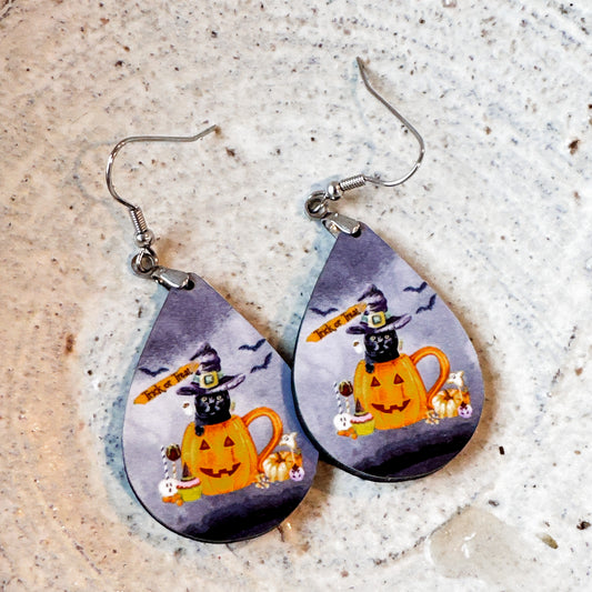 Halloween Cat and Pumpkin Teardrop Earrings