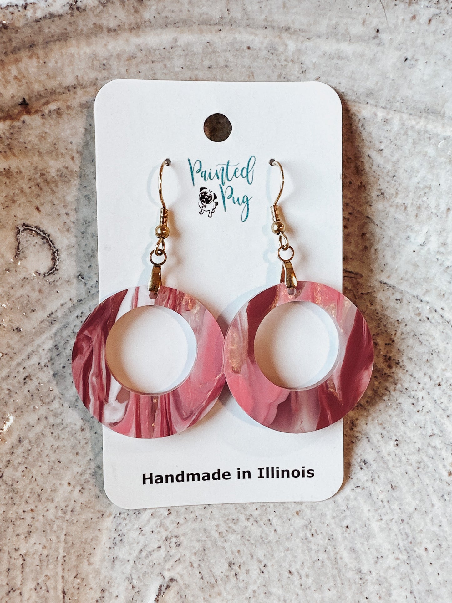 Pink Marble Acrylic Hoop Earrings – Gold Shimmer Finish