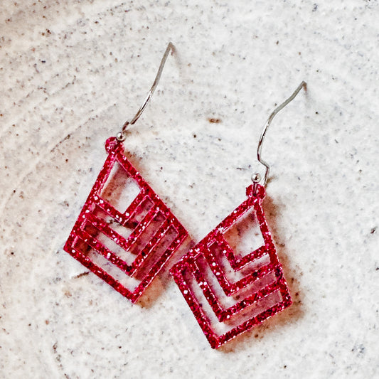 Pink Glitter Geometric Square Earrings – Sparkly Chevron Cutout Dangle Earrings