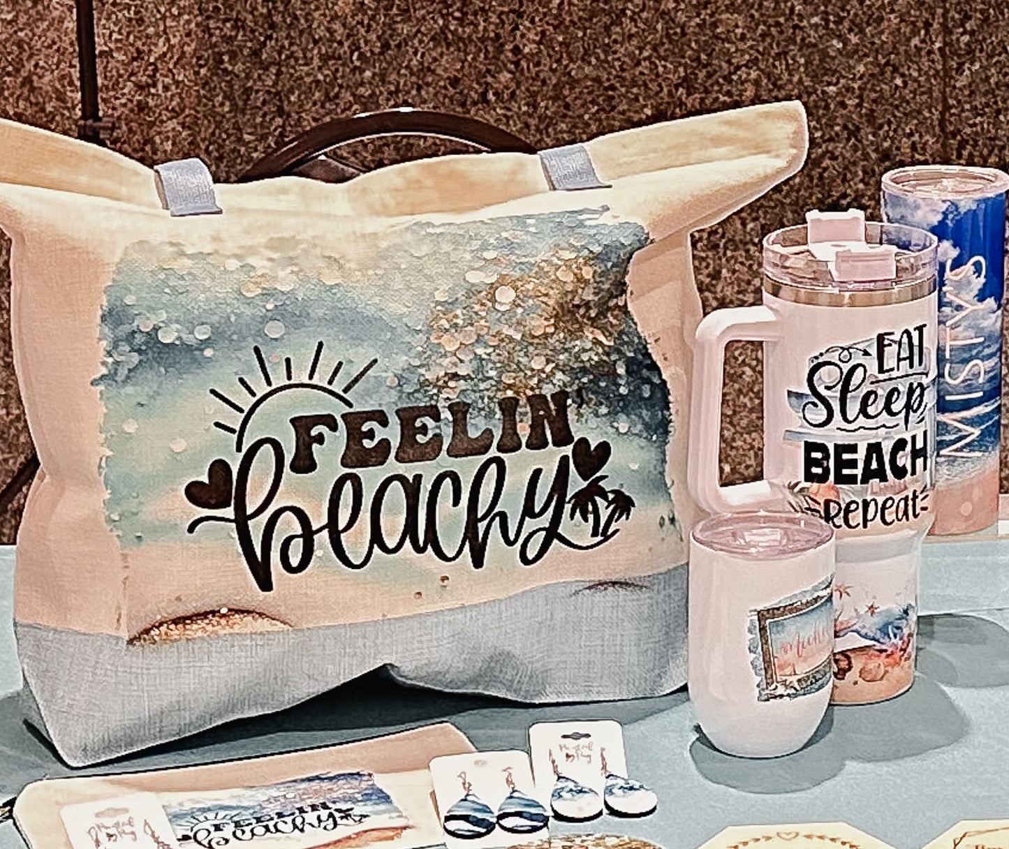 Beach Lover Gift Set – “Feelin Beachy” Tote, Tee, Makeup Bag & Earrings Bundle