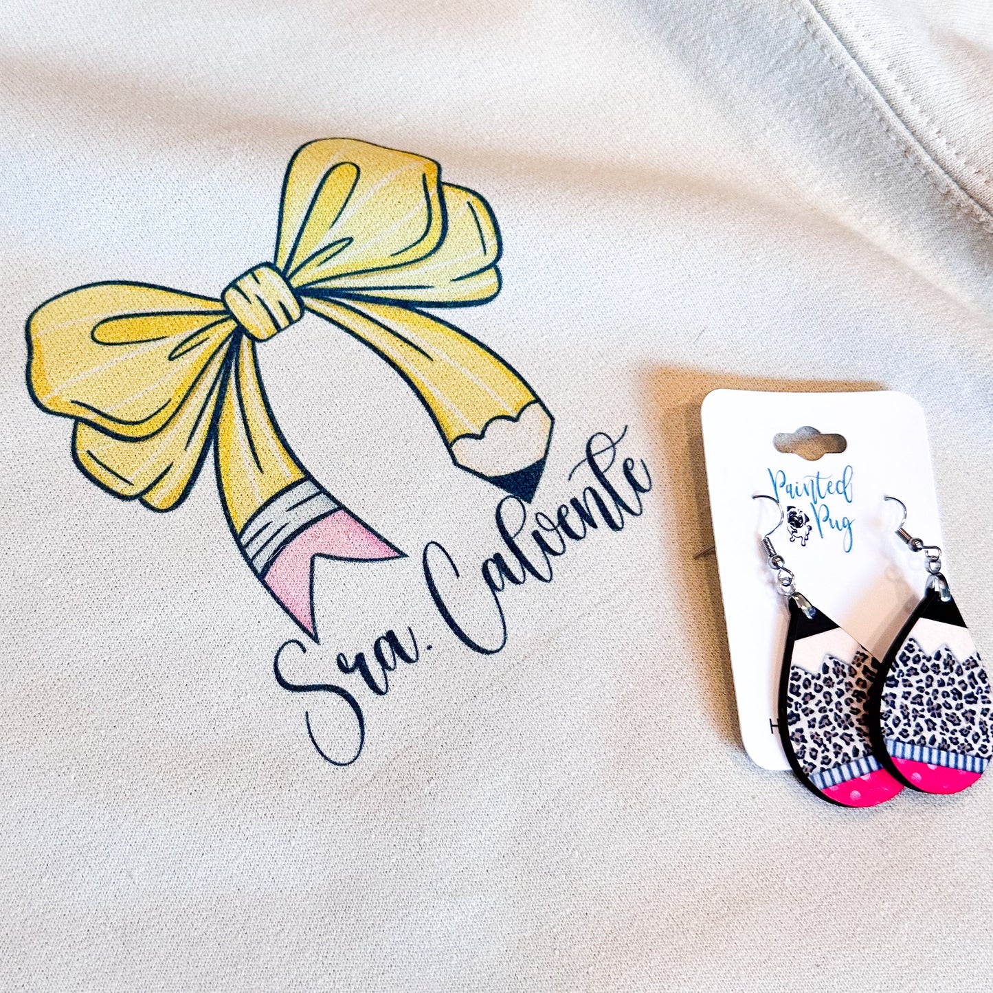 Personalized Teacher Sweatshirt with Bow & Pencil Design