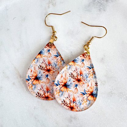 Fall Floral Blue Tan Dangle Teardrop Earrings