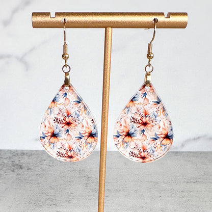 Fall Floral Blue Tan Dangle Teardrop Earrings