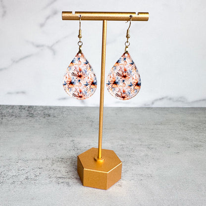 Fall Floral Blue Tan Dangle Teardrop Earrings