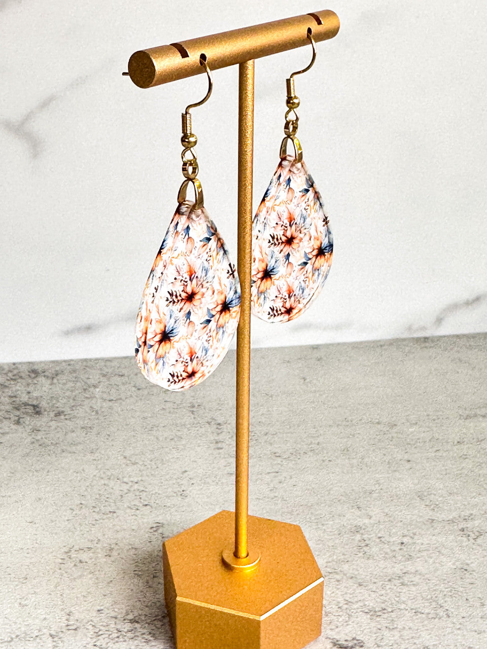 Fall Floral Blue Tan Dangle Teardrop Earrings