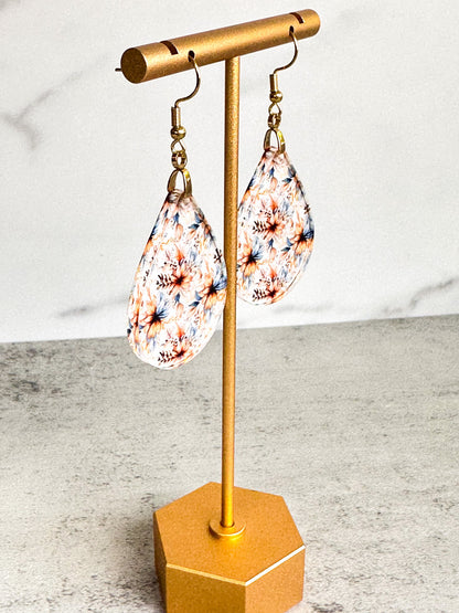 Fall Floral Blue Tan Dangle Teardrop Earrings