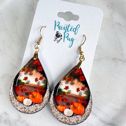 Handmade Fall Pumpkin and Maple Leaf Earrings | Glossy MDF Wood | 2.25" Teardrop Dangle with Gold Stainless Steel Hardware