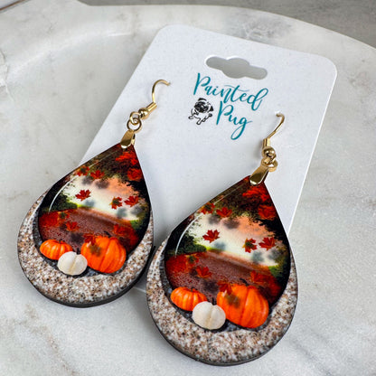 Handmade Fall Pumpkin and Maple Leaf Earrings | Glossy MDF Wood | 2.25" Teardrop Dangle with Gold Stainless Steel Hardware