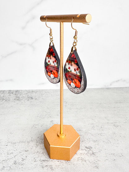 Handmade Fall Pumpkin and Maple Leaf Earrings | Glossy MDF Wood | 2.25" Teardrop Dangle with Gold Stainless Steel Hardware