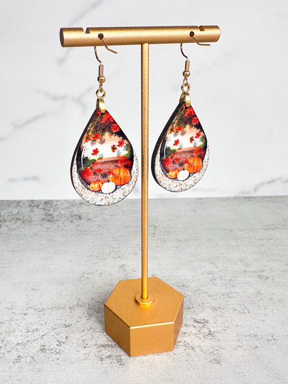 Handmade Fall Pumpkin and Maple Leaf Earrings | Glossy MDF Wood | 2.25" Teardrop Dangle with Gold Stainless Steel Hardware