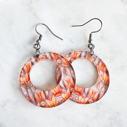 Peach Orange Fall Stained Glass Acrylic Round Earrings