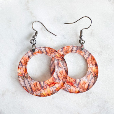 Peach Orange Fall Stained Glass Acrylic Round Earrings