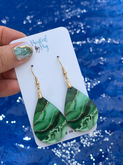 Green & Gold Teardrop Earrings – Handmade Agate-Style Jewelry in Two Sizes