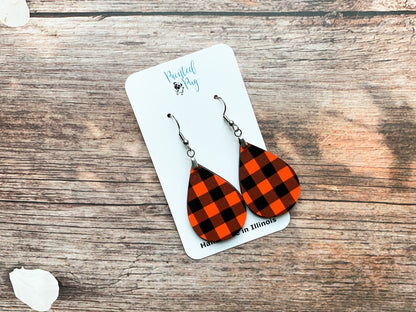 Orange & Black Buffalo Plaid Teardrop Earrings for Fall