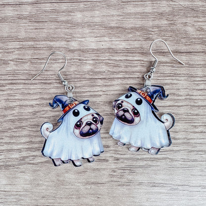 Cute Pug Ghost Halloween Acrylic Earrings - Fun and Spooky Jewelry for Halloween