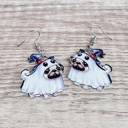 Cute Pug Ghost Halloween Acrylic Earrings - Fun and Spooky Jewelry for Halloween