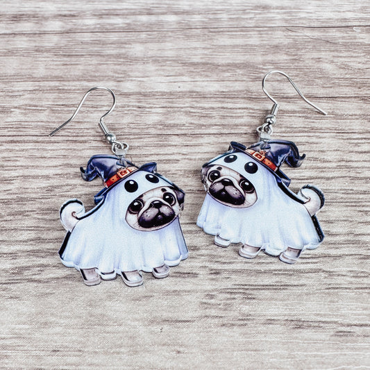 Cute Pug Ghost Halloween Acrylic Earrings - Fun and Spooky Jewelry for Halloween