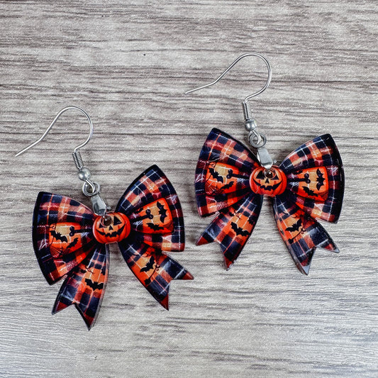 Coquette Bow Jack O' Lantern Earrings - Plaid Pumpkin Perfection for Halloween