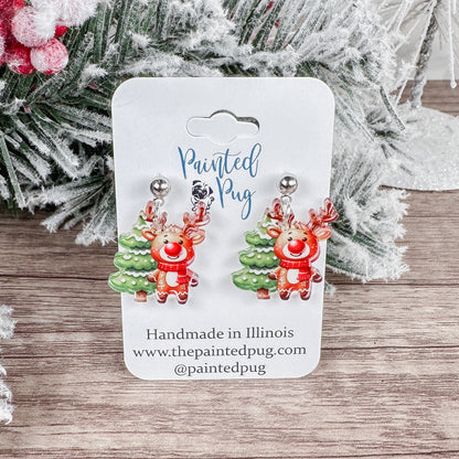 Cute Reindeer Acrylic Post Dangle Earrings – Cute Holiday Jewelry