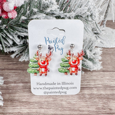Cute Reindeer Acrylic Post Dangle Earrings – Cute Holiday Jewelry