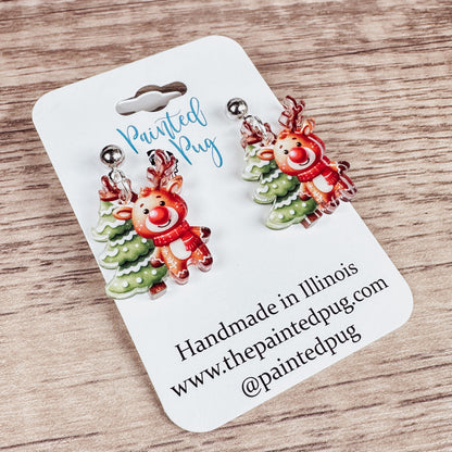Cute Reindeer Acrylic Post Dangle Earrings – Cute Holiday Jewelry