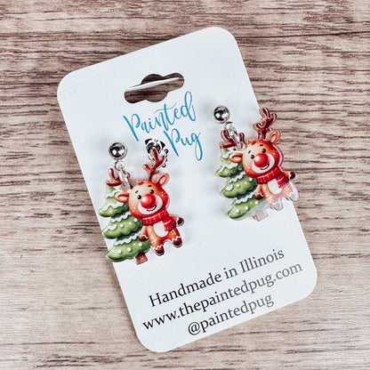 Cute Reindeer Acrylic Post Dangle Earrings – Cute Holiday Jewelry