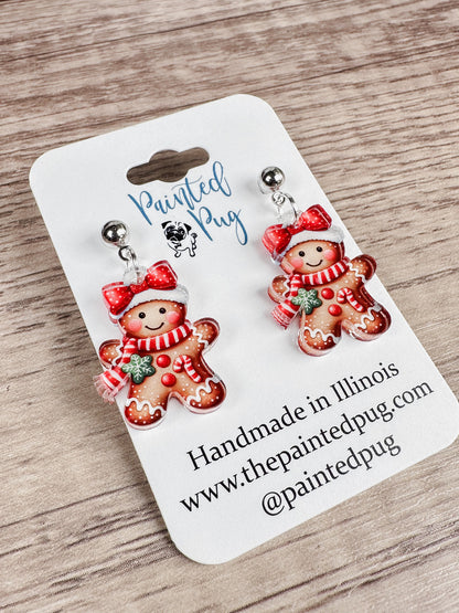 Gingerbread Girl Acrylic Post Dangle Earrings – Cute Holiday Jewelry