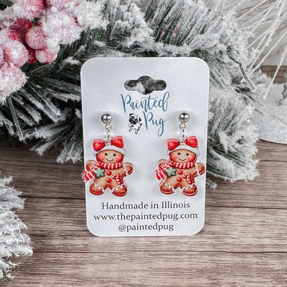 Gingerbread Girl Acrylic Post Dangle Earrings – Cute Holiday Jewelry