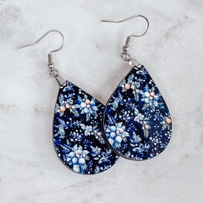 Navy Winter Floral Earrings – Holiday Teardrop Jewelry