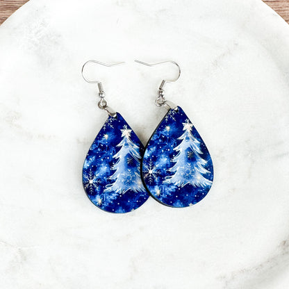 Blue Christmas Tree Earrings – Winter Teardrop Holiday Jewelry