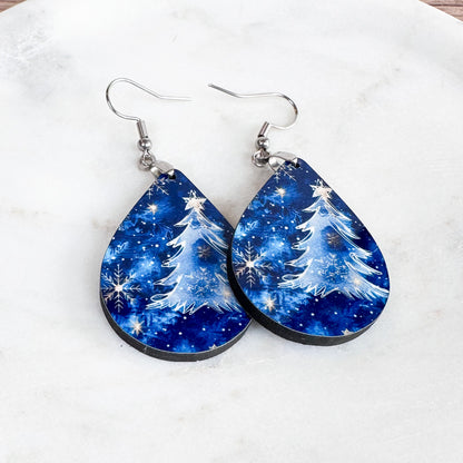 Blue Christmas Tree Earrings – Winter Teardrop Holiday Jewelry