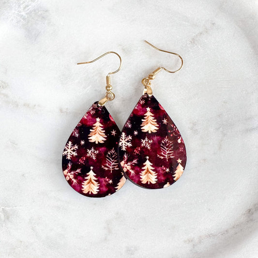 Burgundy Gold Christmas Tree Earrings